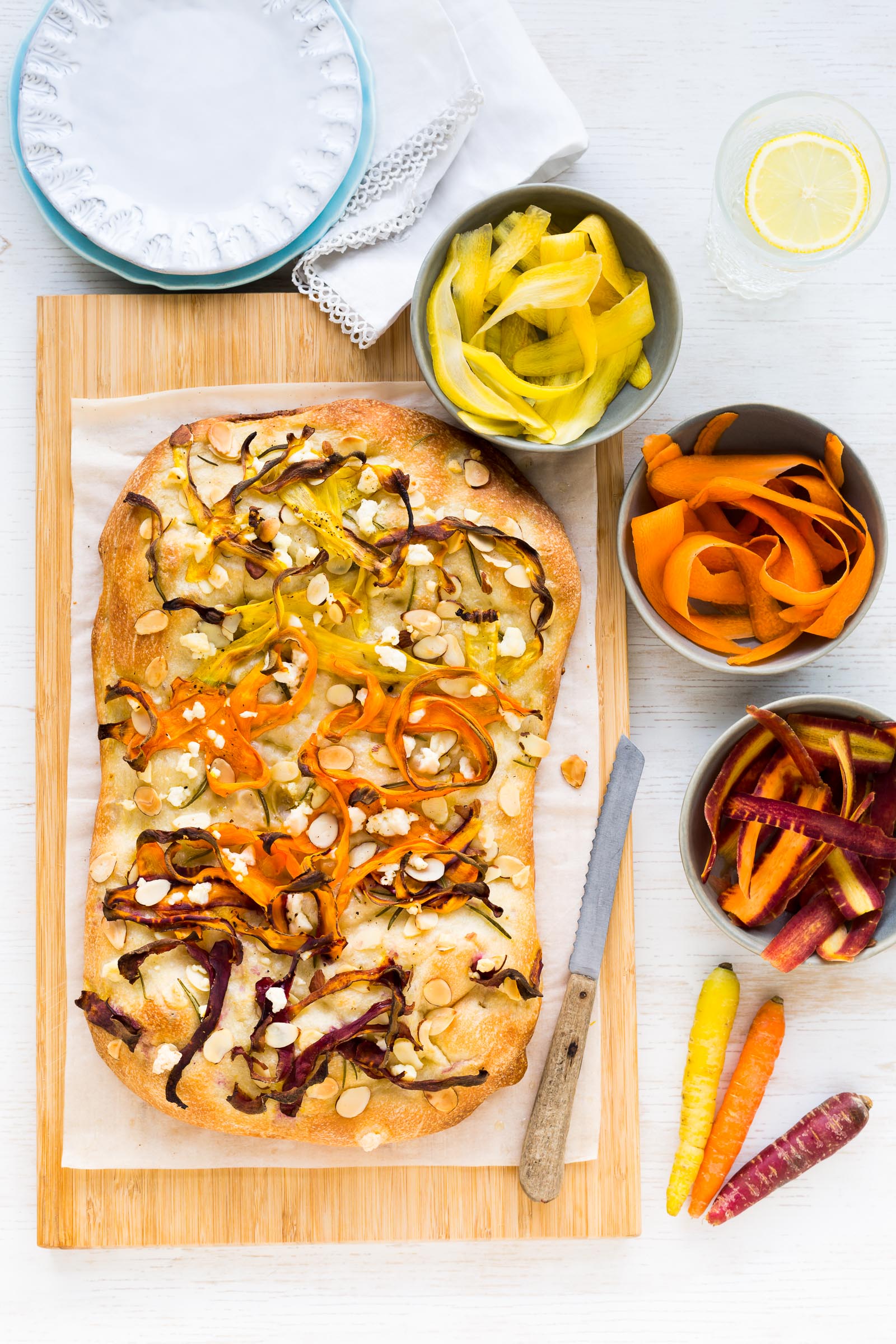 carrot focaccia with feta and almonds