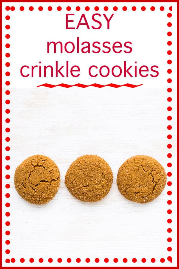 Easy molasses crinkle cookies text with 3 crackled molasses cookies