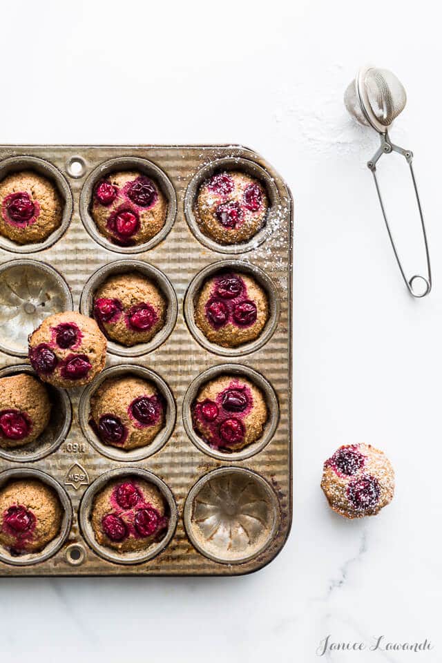 Dust cranberry chestnut financiers with powdered sugar