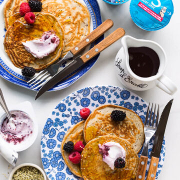 Oikos Super Grains Greek Yogurt pancakes with berries