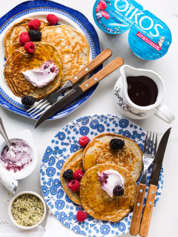 Oikos Super Grains Greek Yogurt pancakes with berries