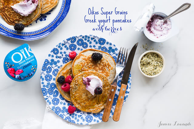 Oikos SuperGrains Greek Yogurt pancakes with berries
