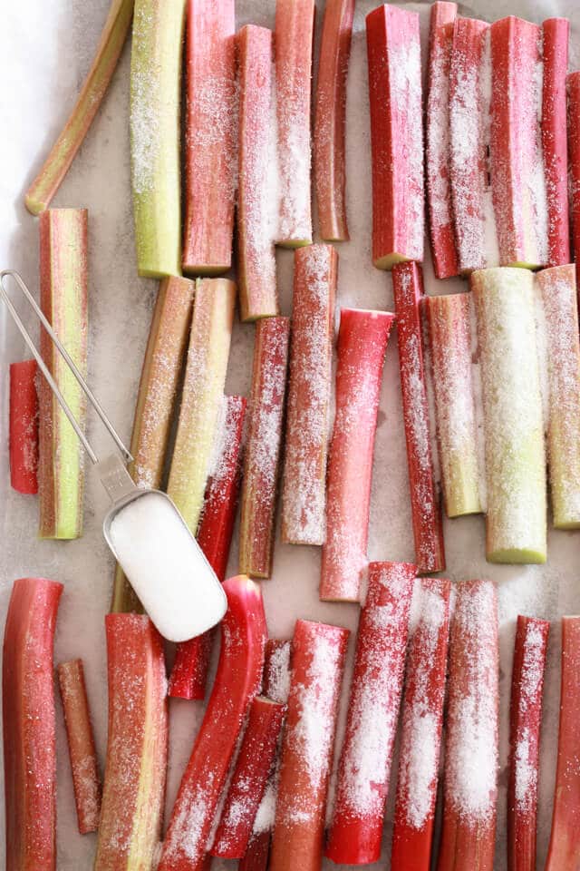 Rhubarb with granulated sugar ready to be roasted in the oven