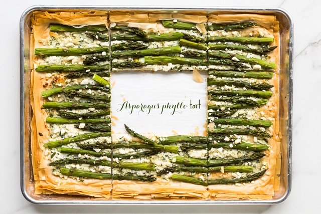 Asparagus phyllo tart with ricotta, feta, herbs, and lemon zest