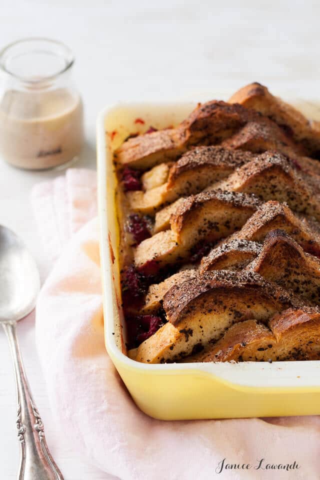 Coffee raspberry bread pudding and coffee crème anglaise