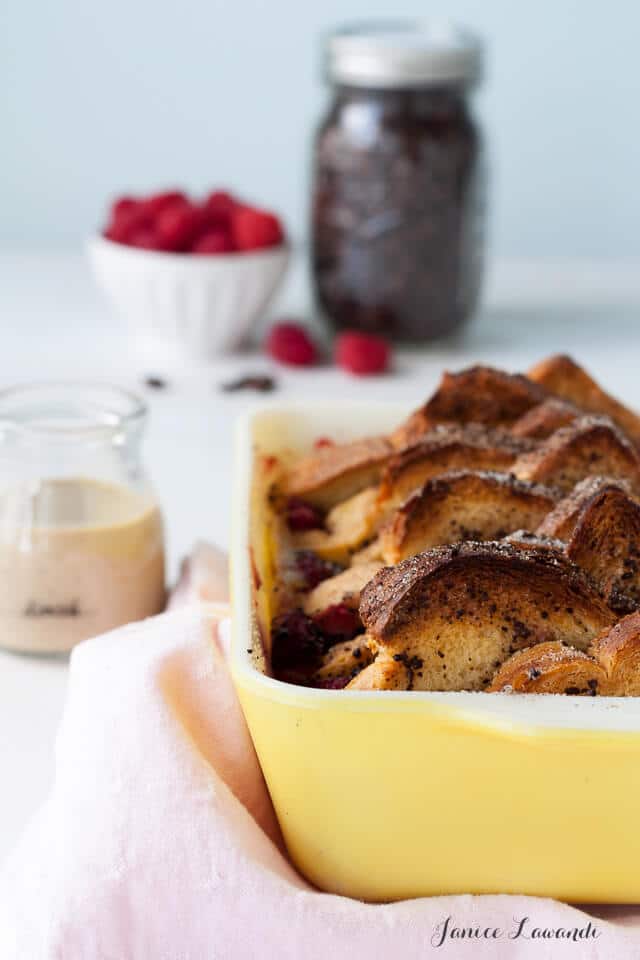 Coffee raspberry bread pudding served with a coffee crème anglaise