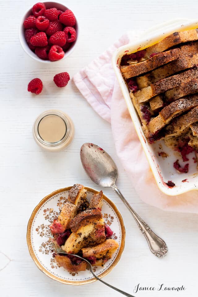 Coffee-raspberry bread pudding