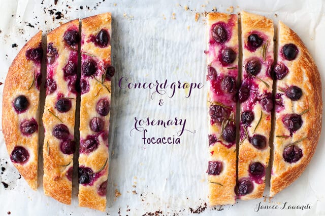 Concord grape and rosemary focaccia sliced into strips