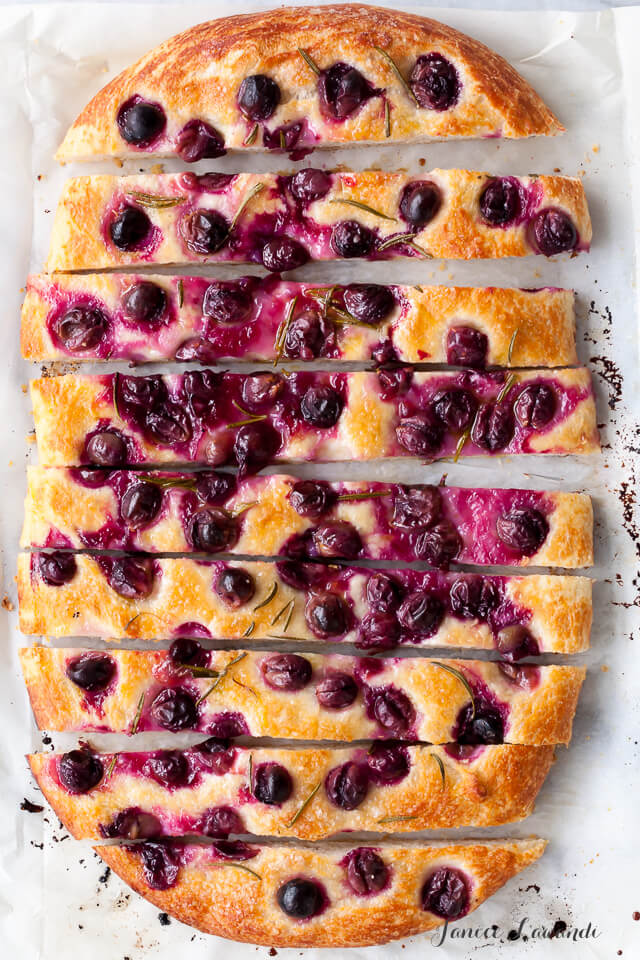 Concord grape and rosemary focaccia sliced into strips