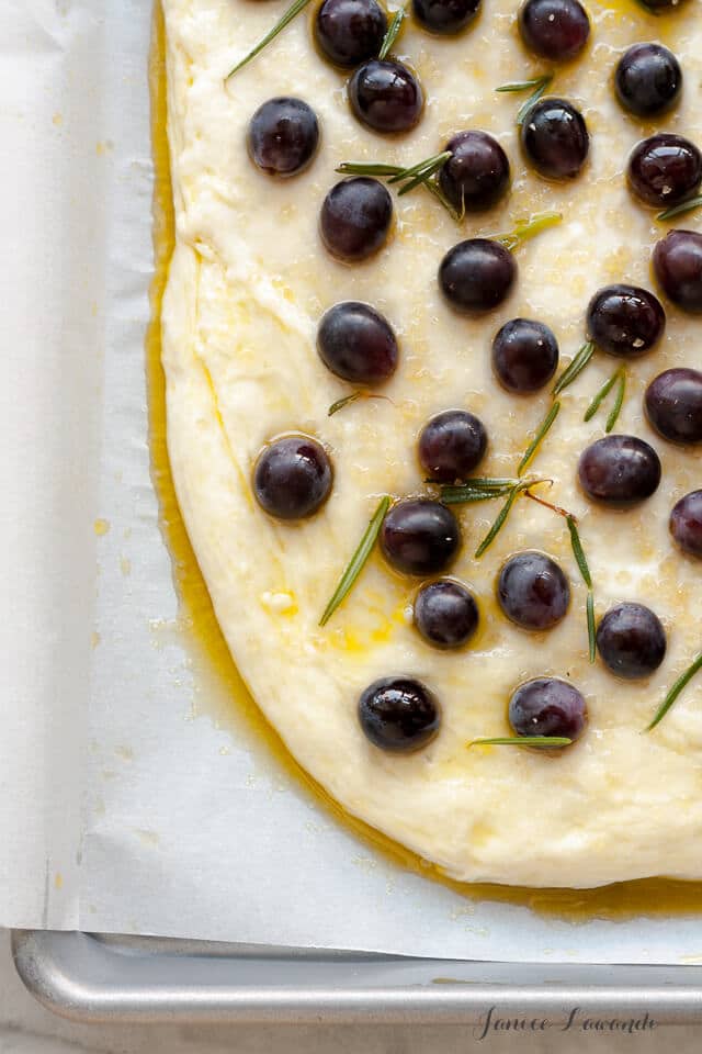 Concord grape focaccia ready for the oven