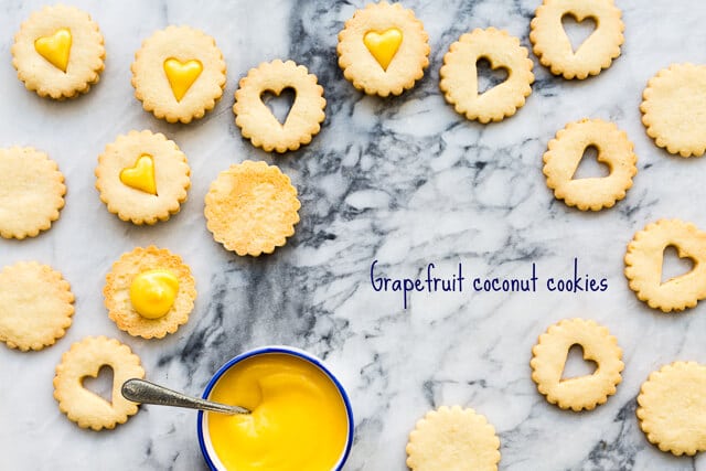 Grapefruit coconut cookies - crinkle edged round coconut butter cookies filled with bright grapefruit curd