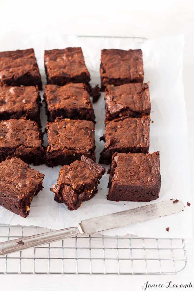 Popcorn brittle brownies are chewy with a good brownie edge