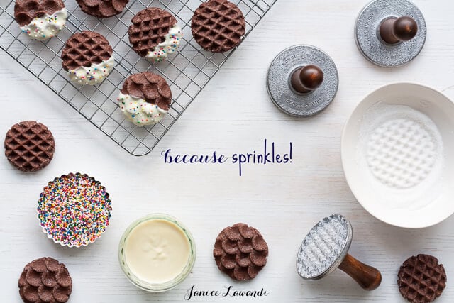 Sprinkle cookies are a stamped chocolate cookie dipped in white chocolate and sprinkles