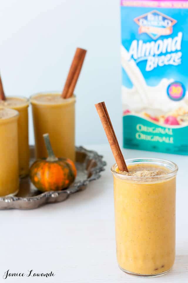 Glasses of vegan Pumpkin pie shake made with Almond Breeze