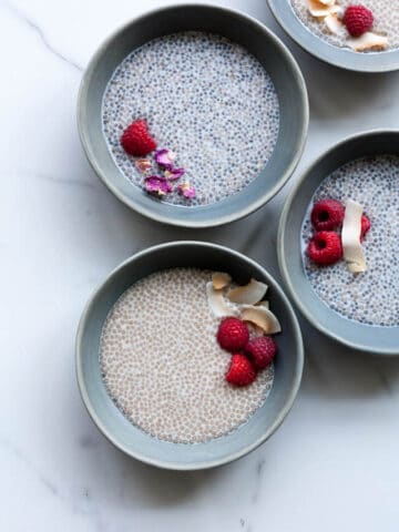 chia pudding flavoured with rosewater and honey and served with berries