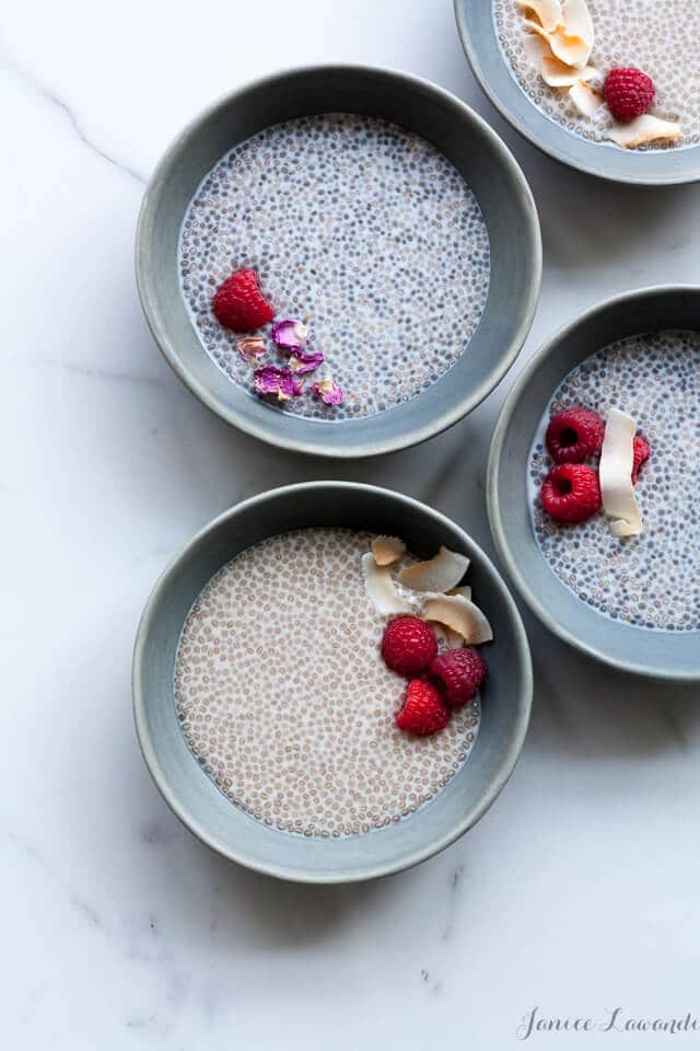 chia pudding flavoured with rosewater and honey and served with berries