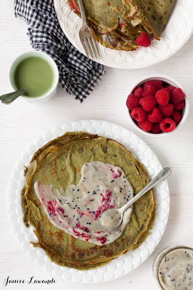 matcha crepes, black sesame pastry cream, berries