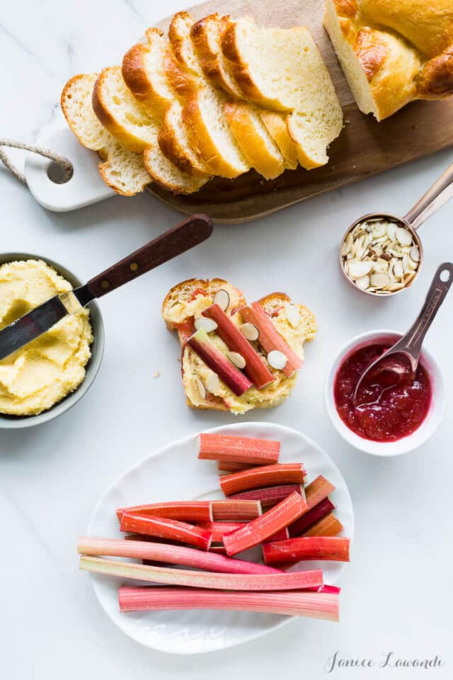 Orange blossom rhubarb bostock is made from frangipane and stems of pink rhubarb