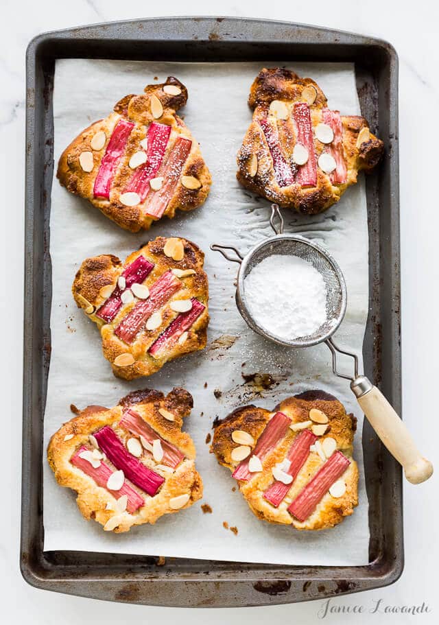 Perfectly golden brown orange blossom rhubarb bostocks are made from frangipane and baked in the oven until golden brown