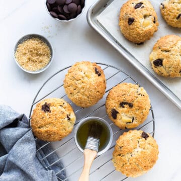 Pear chocolate scones brushed with butter and sprinkled with turbinado