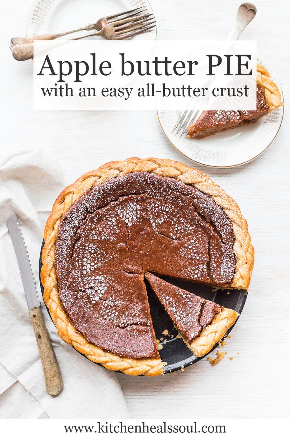 Apple butter pie being sliced and served on white plates