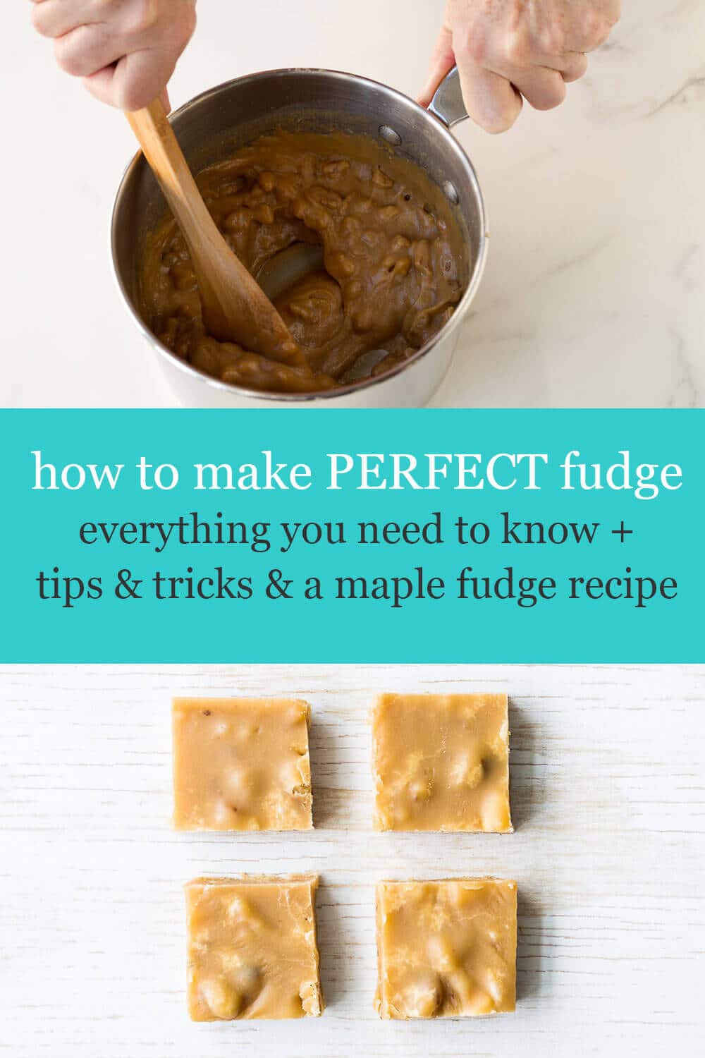 Collage of two images: stirring a pot of maple fudge with a wooden spoon to crystallize it and four squares of maple walnut fudge.