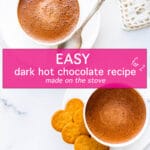 Two cups of homemade dark hot chocolate with foam served with 3 heart shaped cookies