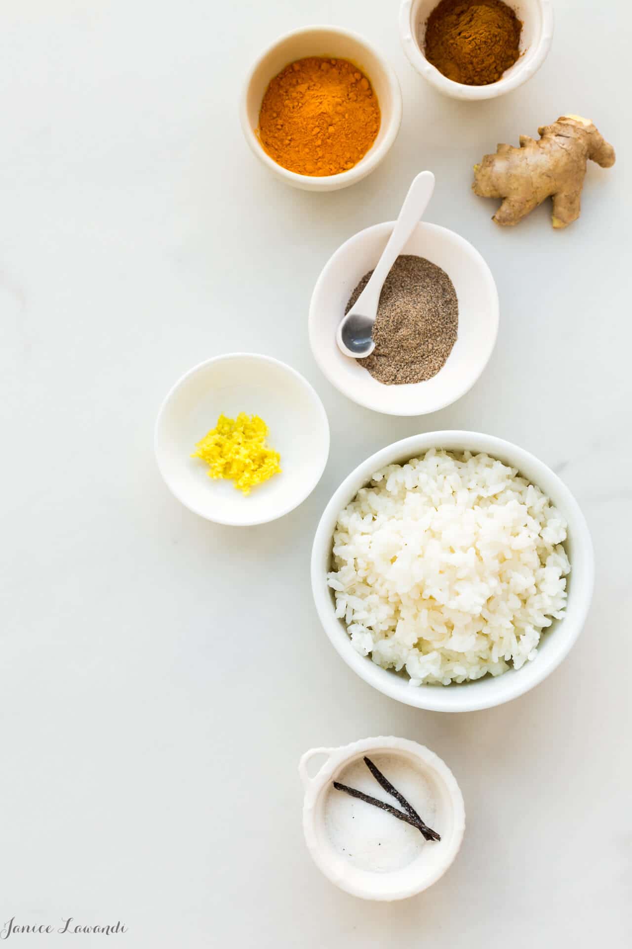 Spices to make golden milk rice pudding include turmeric, ginger, cardamom, and cinnamon