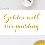 how to make rice pudding from leftover rice flavoured with the spices of golden milk, turmeric, ginger, cardamom, and cinnamon, served with poached pear