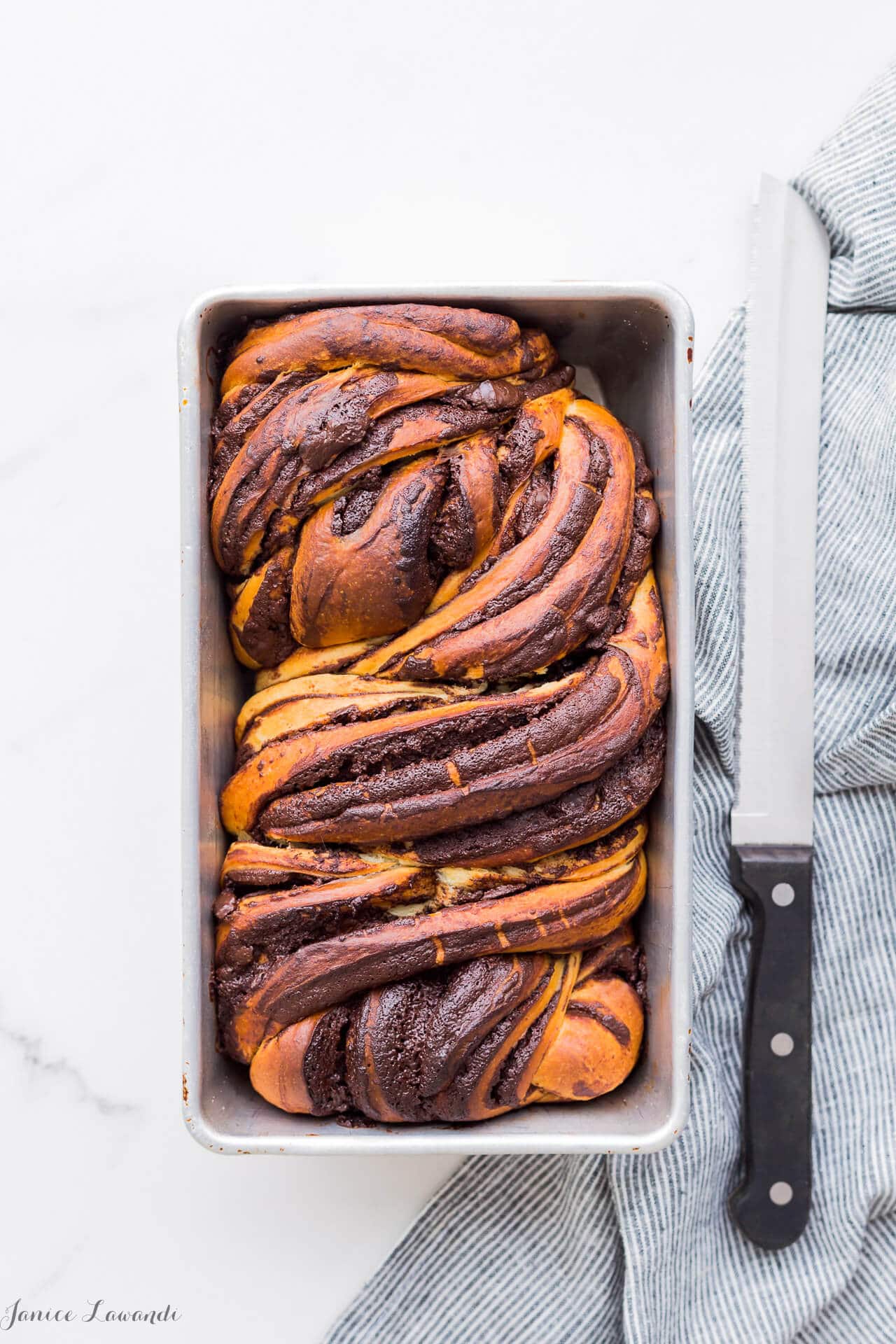 A big loaf of swirled homemade chocolate babka bread