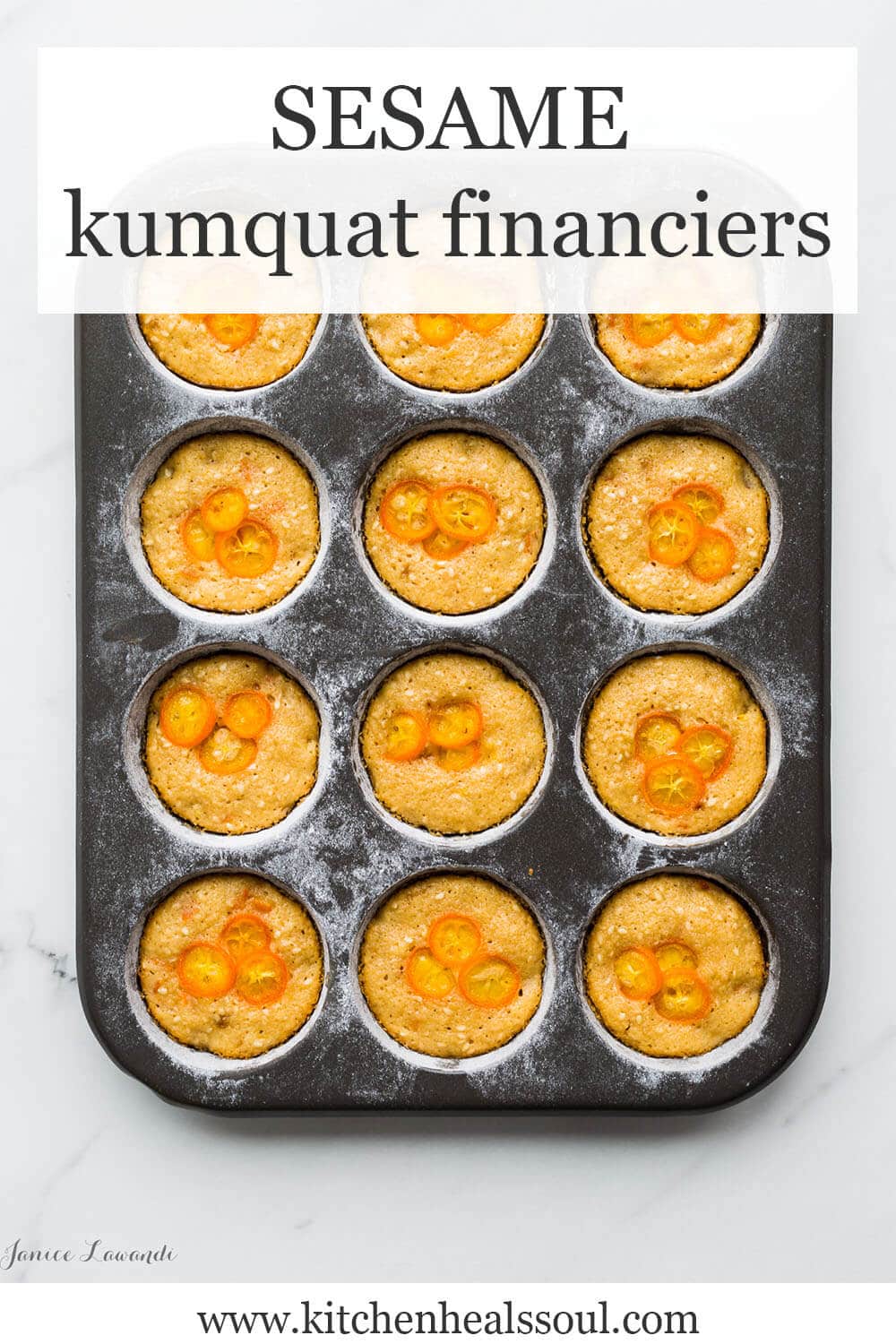 A muffin pan of sesame kumquat financiers garnished with thinly sliced kumquats