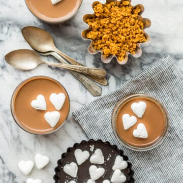 Easy milk chocolate pots de crème made just like s'mores with a graham cracker cookie crumb crust and marshmallows on top