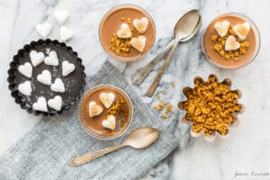 Stovetop chocolate pots de crème just like s'mores with a graham cracker cookie crumb crust and toasted marshmallows on top