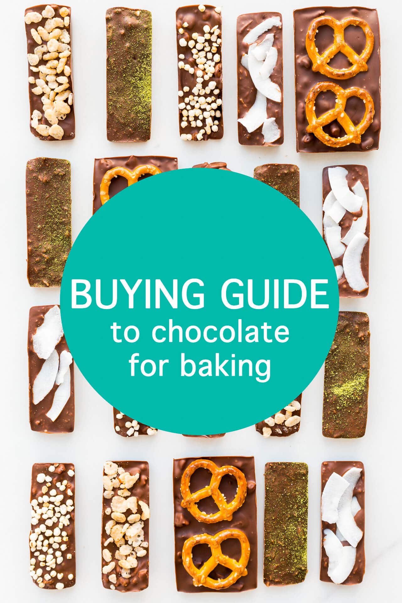 A buying guide to chocolate for baking text on a photo of homemade chocolate bars