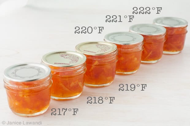 Batches of marmalade cooked between 217ºF and 222ºF to determine the marmalade setting point