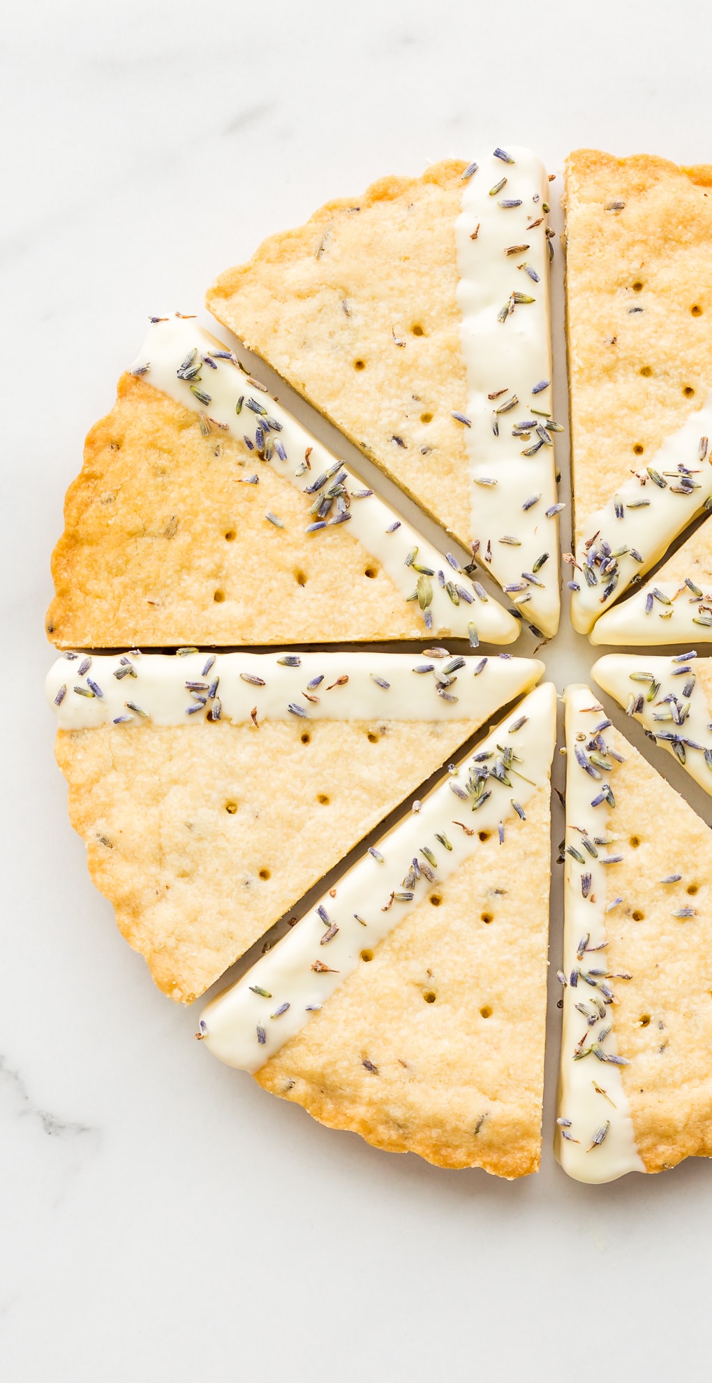 March 2019 smartphone wallpaper of wedges of lavender shortbread cookies dipped in white chocolate and dried lavender buds