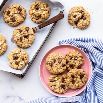 Thick and chewy oatmeal chocolate chunk cookies with peanuts