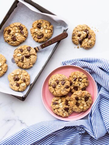 Thick and chewy oatmeal chocolate chunk cookies with peanuts
