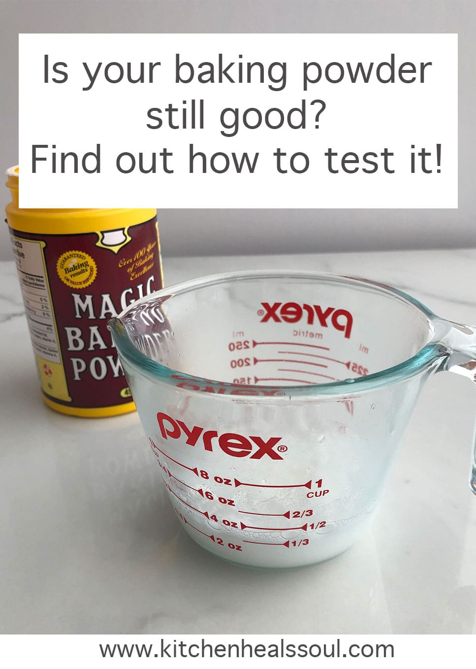 Testing baking powder by placing 1 teaspoon in ⅓ cup of hot water in a measuring cup to verify the mixture fizzes