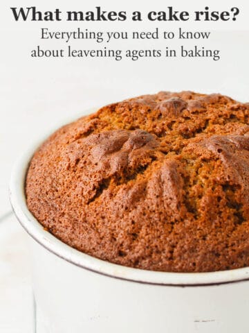 A golden brown spice cake that is domed and cracked on top and baked in a tall cake pan