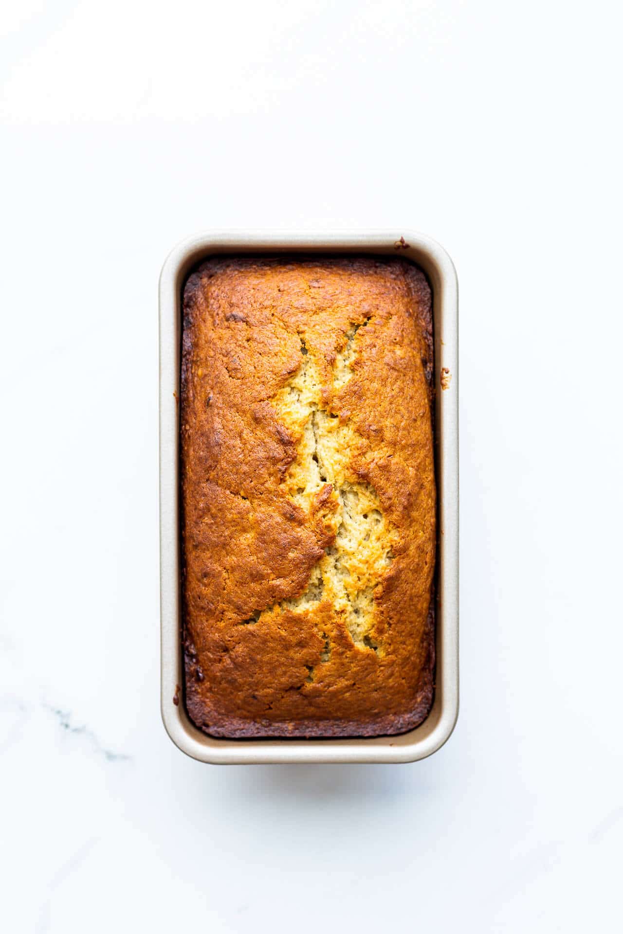 Baked banana bread in a loaf pan