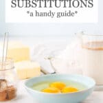 Baking ingredient substitutions guide with eggs, dairy, sugar, butter, and flour