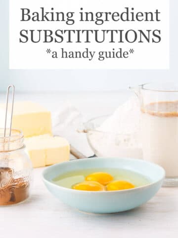 Baking ingredient substitutions guide with eggs, dairy, sugar, butter, and flour