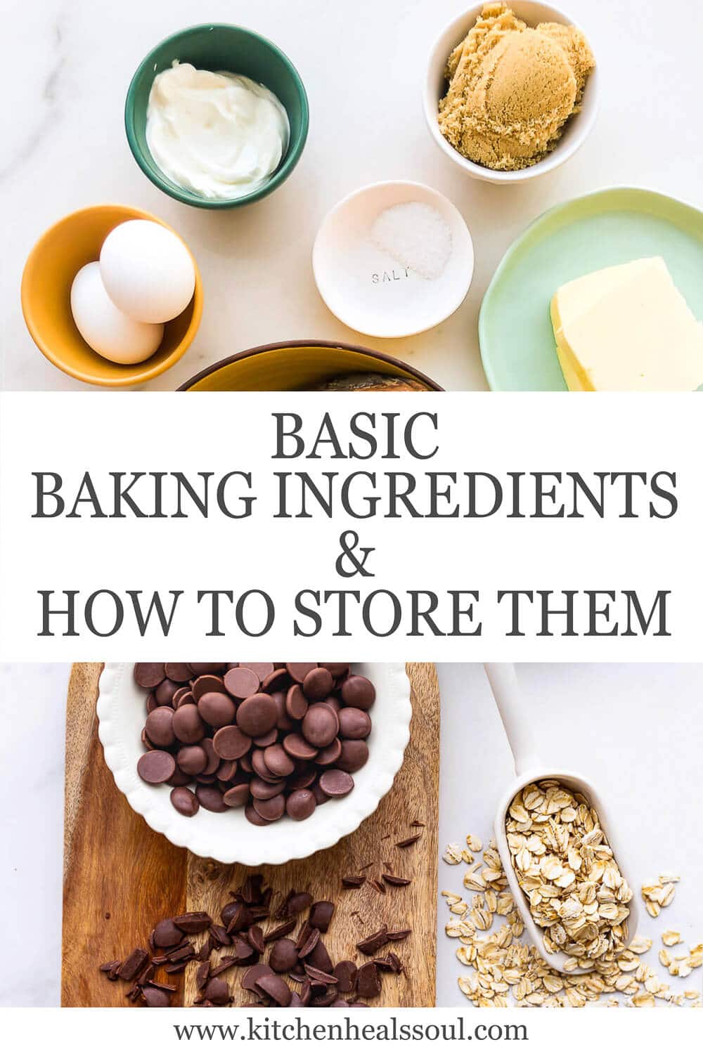 Measured out baking ingredients, including 2 large eggs, baking powder, baking soda, salt, brown sugar, butter, milk chocolate and chopped chocolate, and rolled oats in a scoop