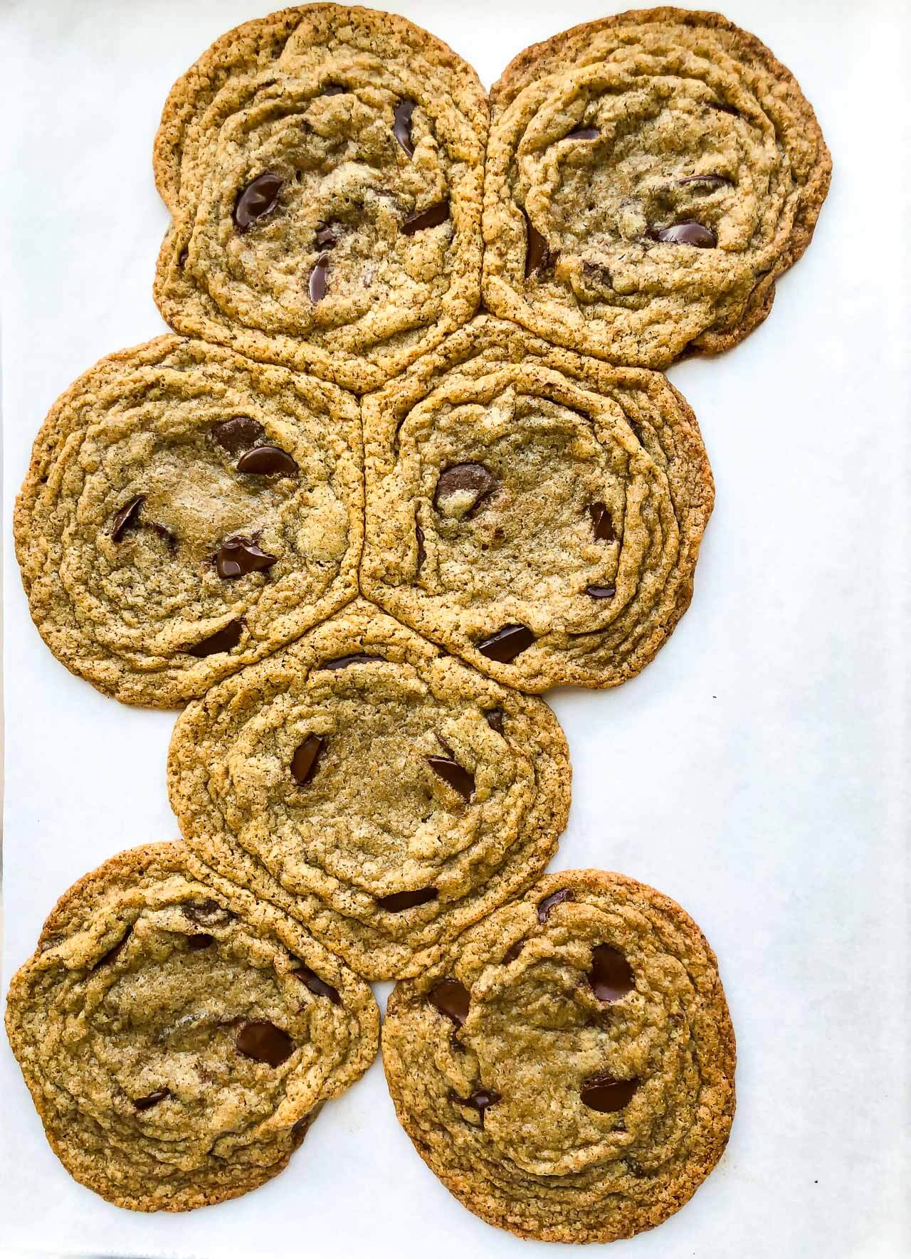 Image to show chocolate chip cookies made with 100 % buckwheat flour spread out as they bake and merge into one big cookie