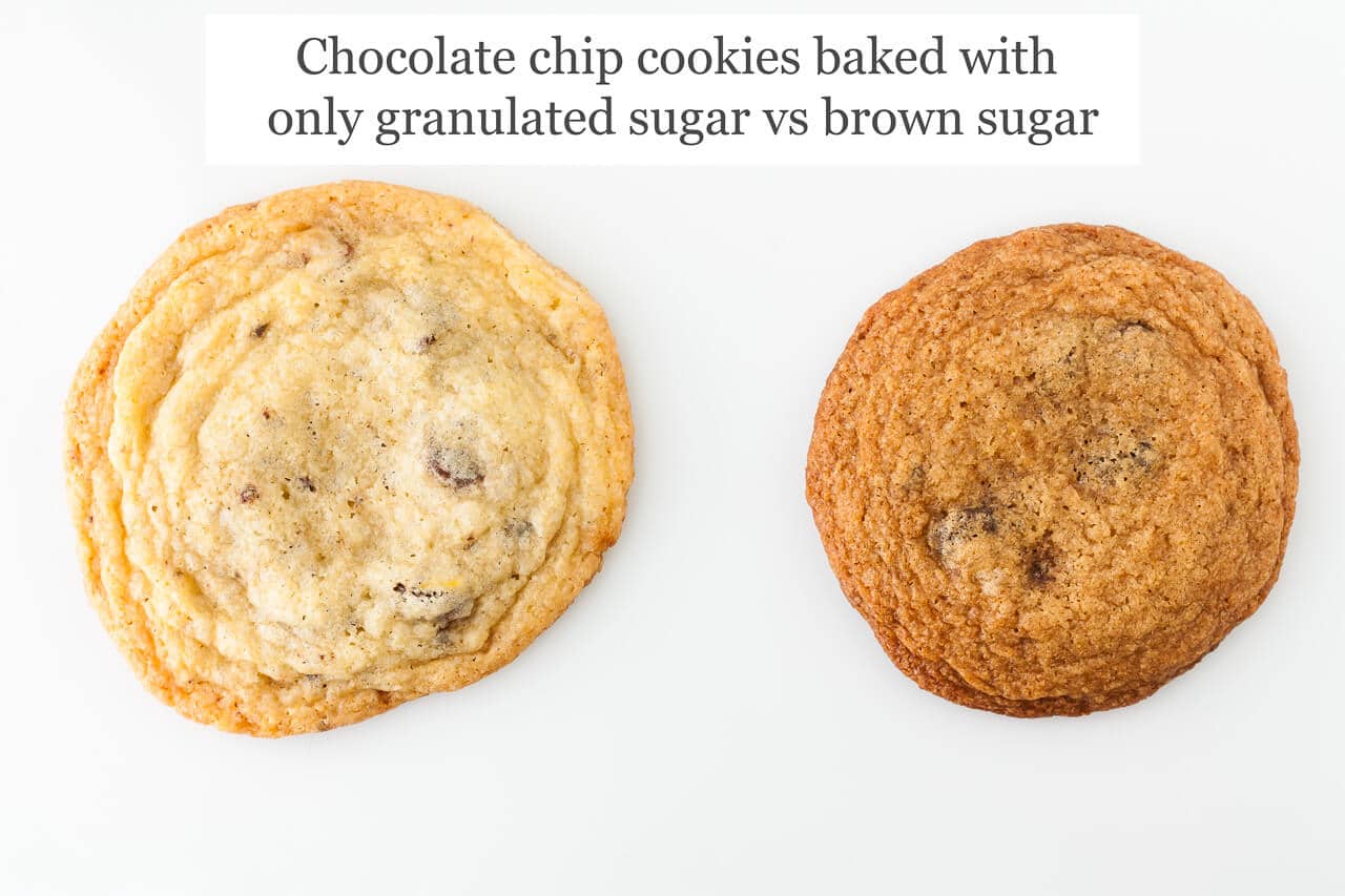 Two chocolate chip cookies side by side, one is made with only granulated sugar so thinner, lighter and more spread out, the other is baked with only brown sugar so thicker, darker, brown colour