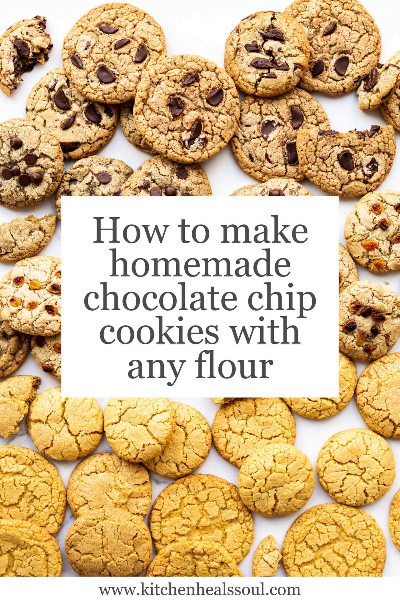 Image filled with homemade chocolate chip cookies made with different flours, including whole wheat flour, buckwheat flour, oat flour, and even corn flour (producing yellower cookies)