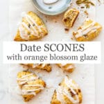 Cardamom date scones drizzled with orange blossom icing and topped with crushed cardamom seeds from green cardamom pods