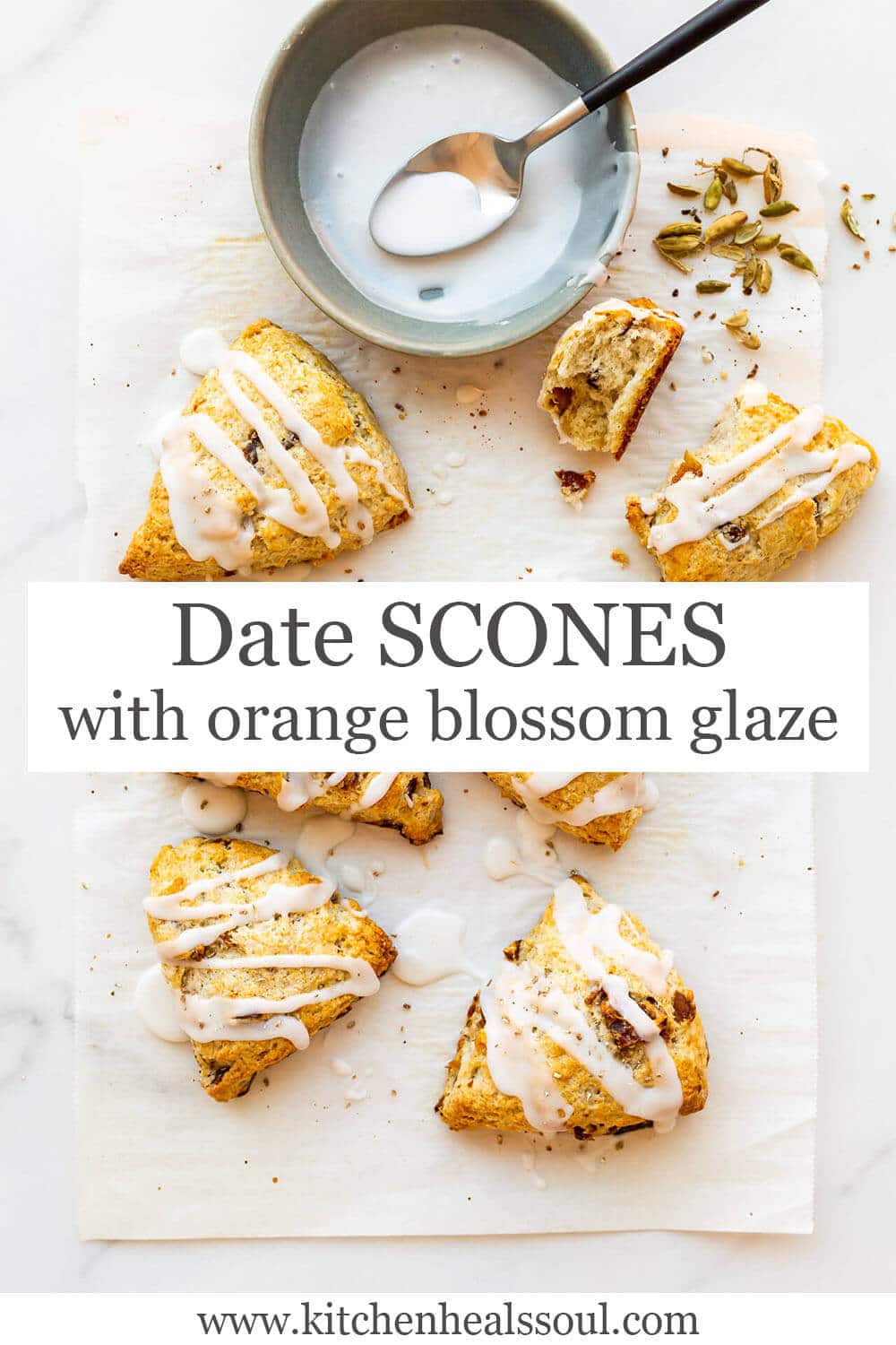 Cardamom date scones drizzled with orange blossom icing and topped with crushed cardamom seeds from green cardamom pods