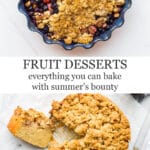 Fruit desserts, everything you can bake with summer's bounty featuring a blueberry rhubarb crisp on top and an apple cake on the bottom